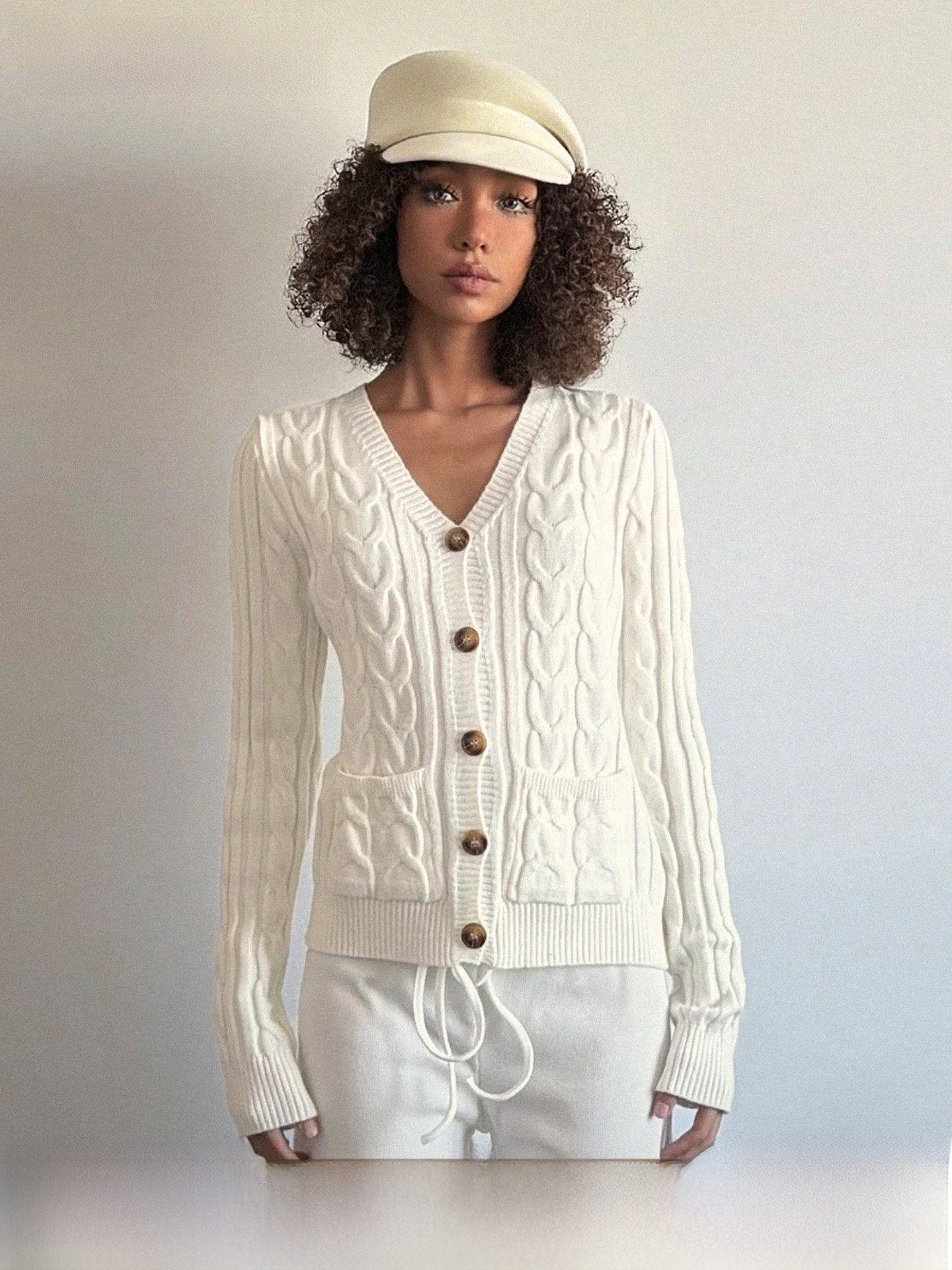 

Американский свитер-кардиган простого кроя в цвете «пшеница» с вязаными пуговицами, осенне-зимний, с завышенной талией, вязаный топ, женская мода