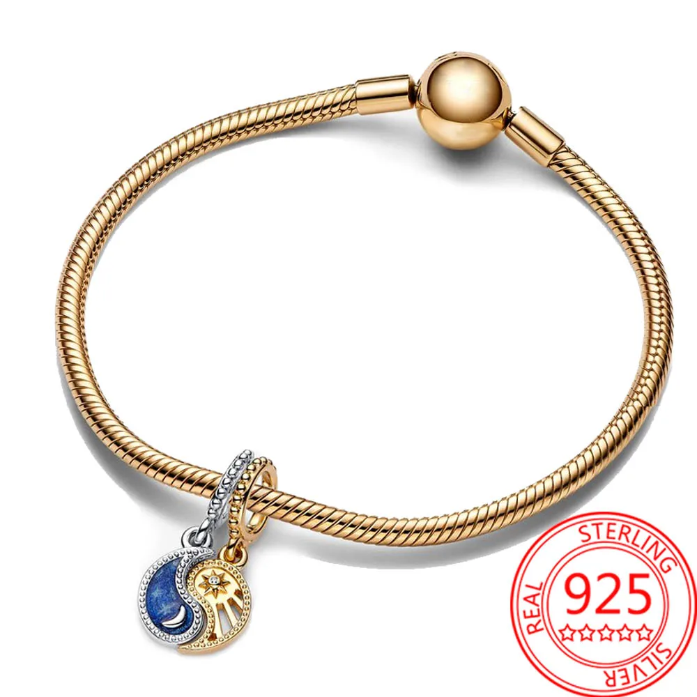 Luxo 925 prata esterlina 14k ouro dois tons divisíveis sol & lua balançar charme ajuste pulseira feminino jóias presentes