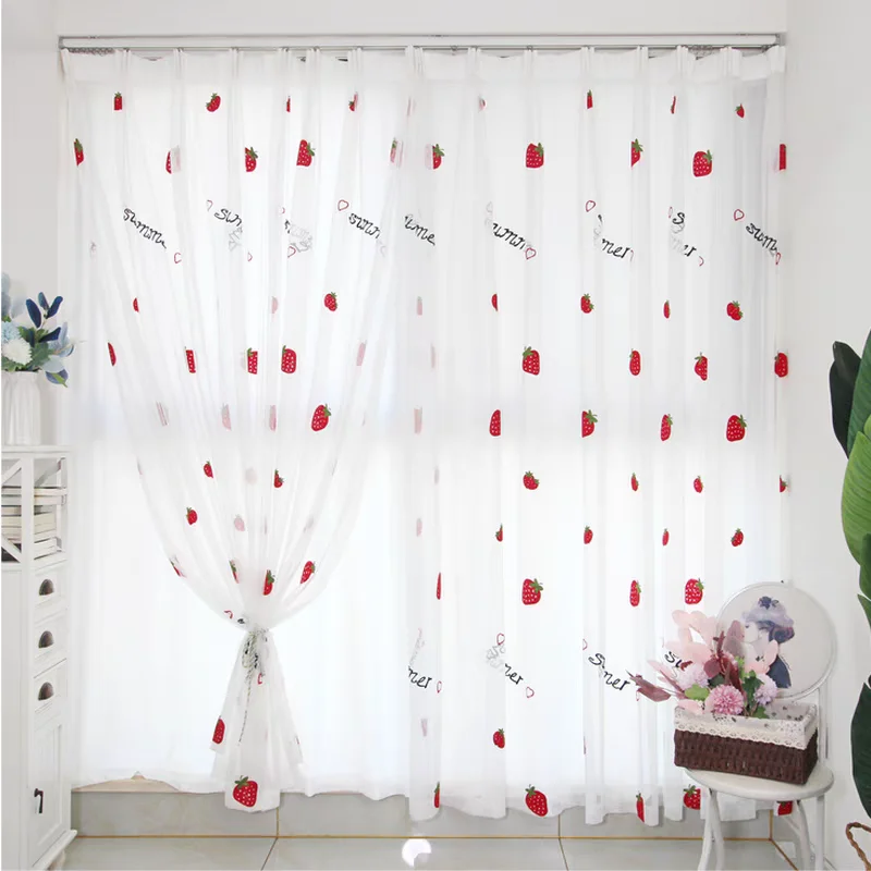 Korean Strawberry Embroidered Yarn Curtain White Window Sheer Voile Drapes for Kids Bedroom Living Room Balcony Home Decor