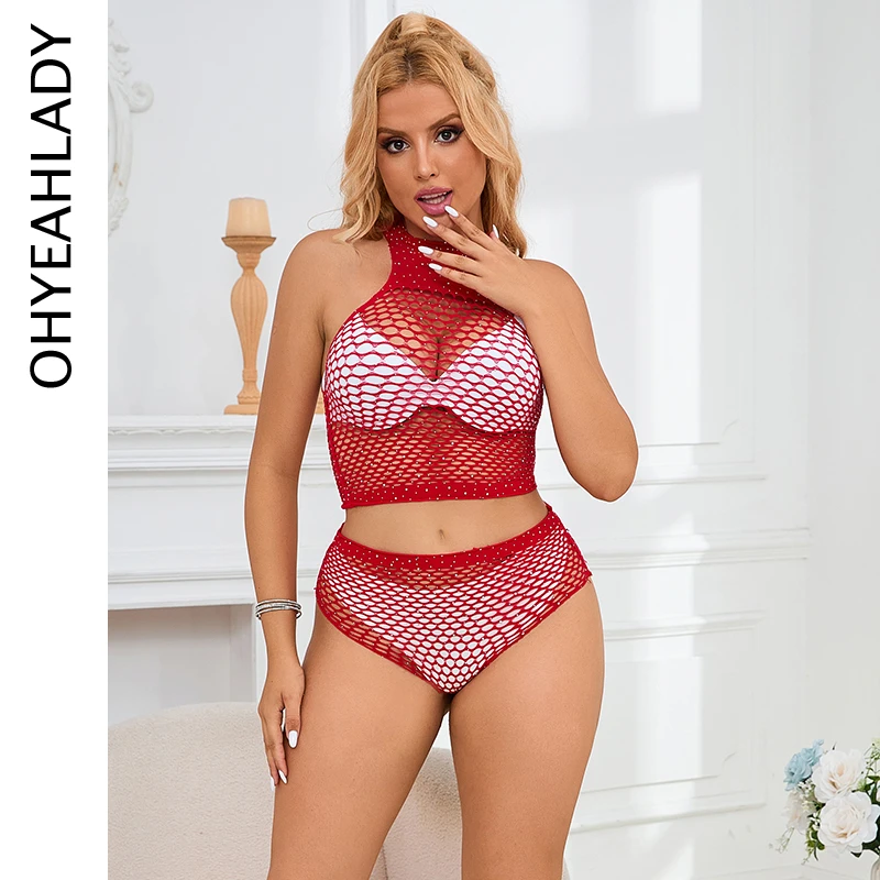 

Ohyeahlady Women's Fishnet Bodystocking 2 Pieces See Through Hollow Sexy Lingerie Red Bodystocking Underwear Set with Rhinestone