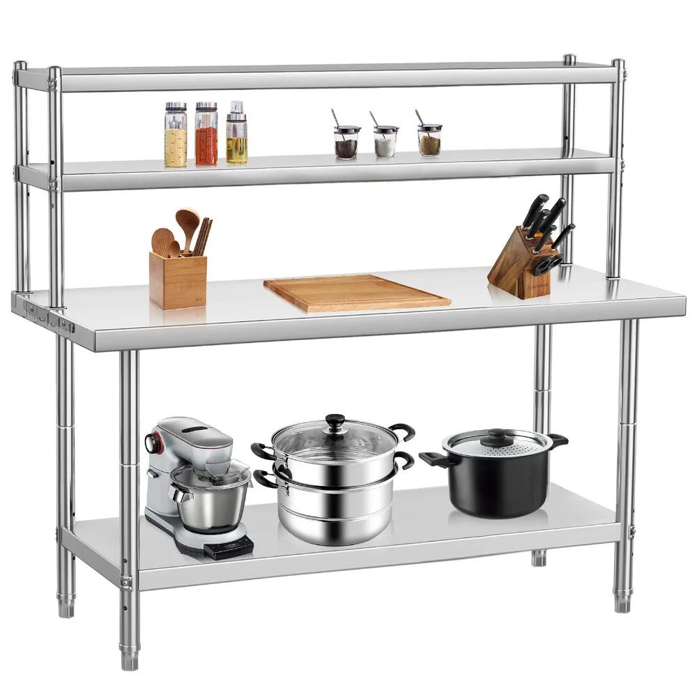 Stainless Steel Commercial Kitchen Prep Table with Double Overshelf- BBQ Table