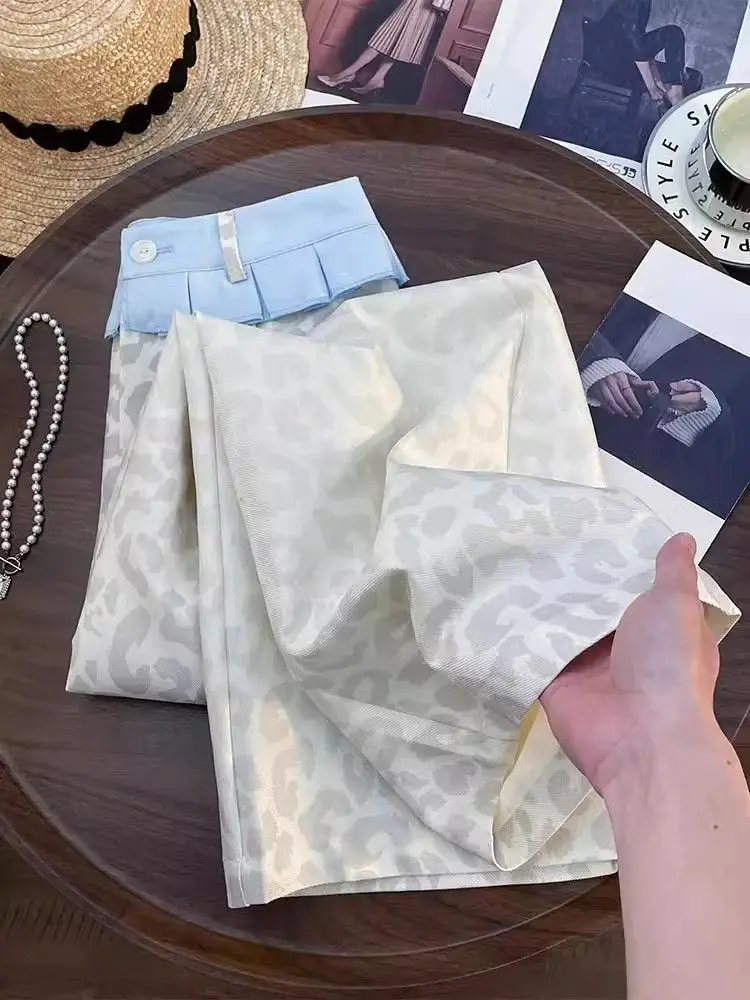 Calça jeans reta lavada americana, saia com estampa de leopardo, emenda y2k, novo nicho retrô feminino, design solto, calças de pernas largas