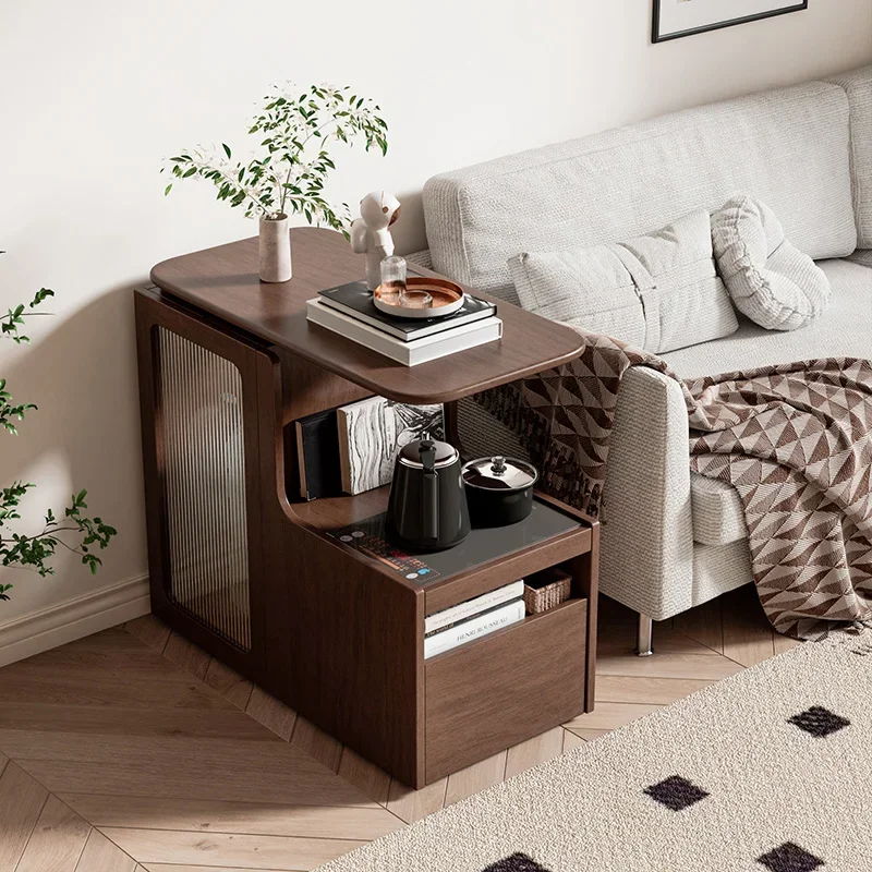 Solid wood coffee table, living room household tea cabinet and kettle integrated, movable small tea table tea table sofa edge