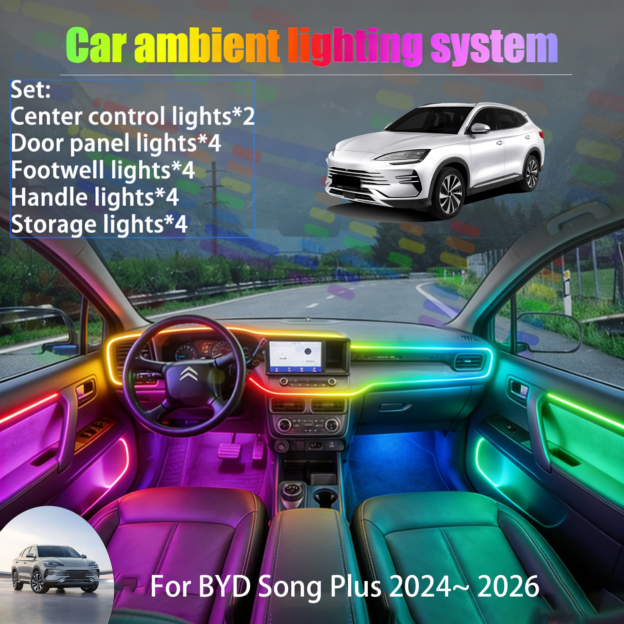 

Для BYD Song Plus 2024~2026 SA3 2/18 в 1: Комплект светодиодной подсветки салона и багажника USB RGB с эффектом потока