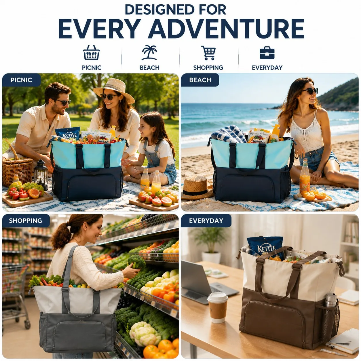 35L Double Layer Insulated Lunch Bag Portable Thermal Cooler for Picnic Camping Grocery Shopping Cold Food Carrier