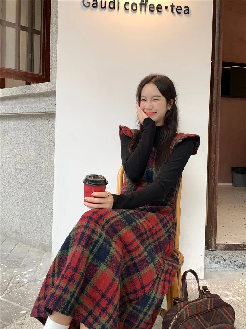 Preppy Style Women\'s Scottish Dress Set Spring Autumn Woolen Plaid Flying Sleeve Dresses + Black High-neck Slim Pullover Elegant