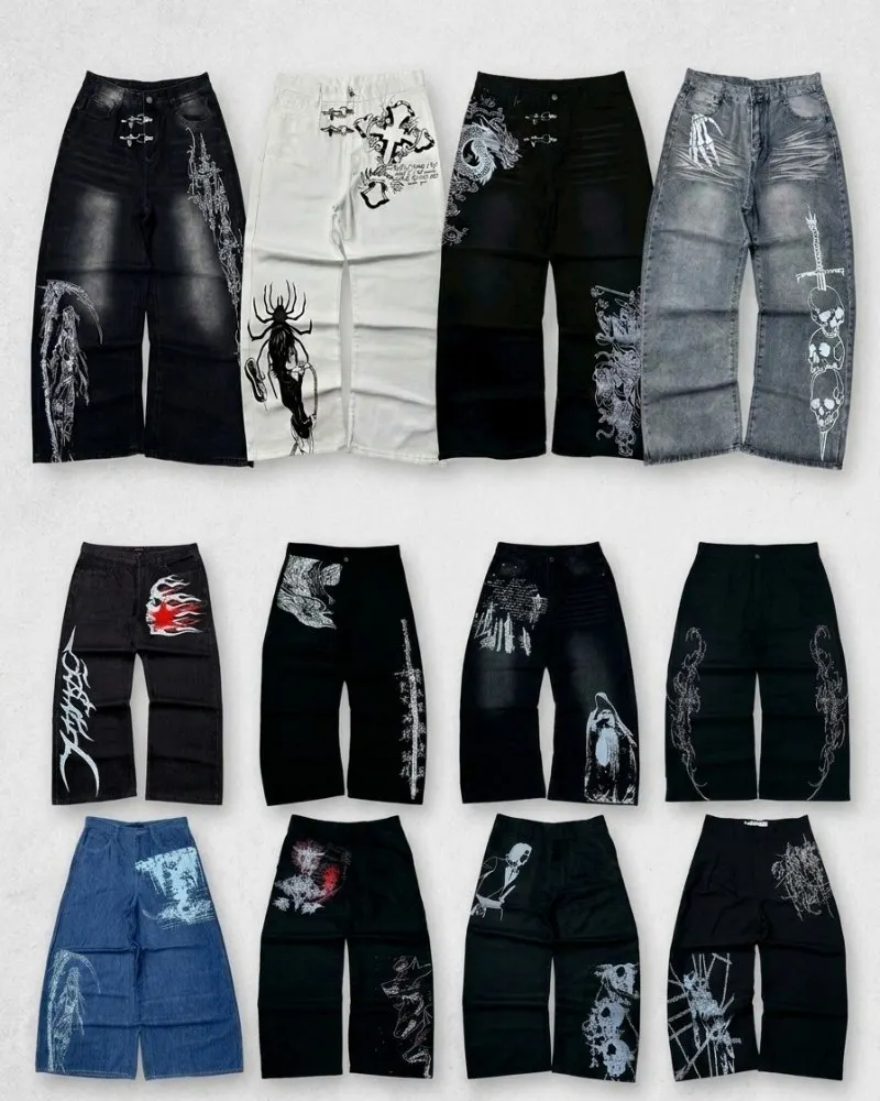 

Y2K Harajuku Retro Gothic Punk Skull Sword Skeleton Pattern Print Wide Leg Baggy Jeans Men Women Fashion Denim Pants Streetwear