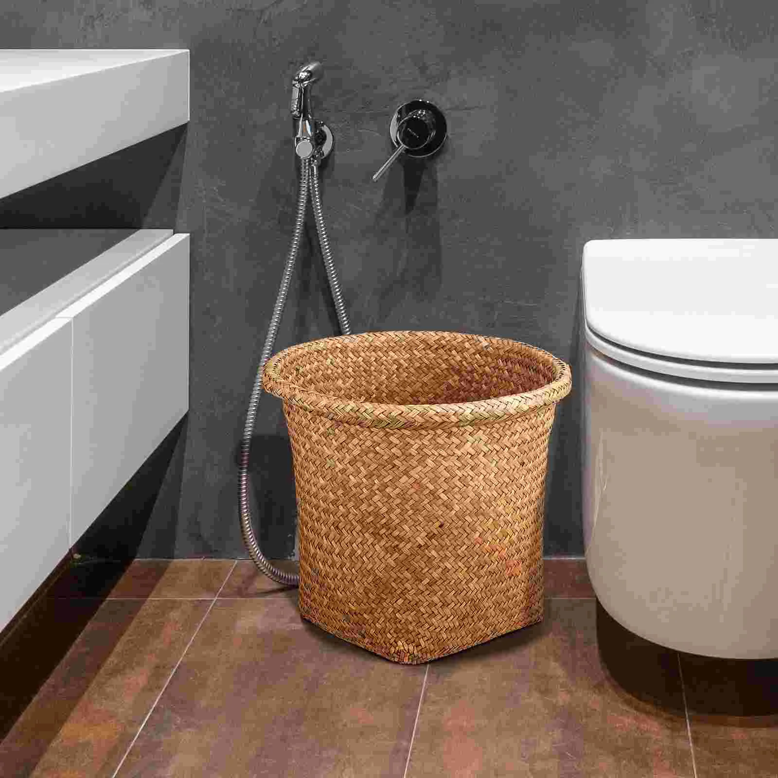 Wicker Seagrass Baskets Trash Can to Weave Straw for Bedroom Woven Storage Baskets Rattan Laundry Hamper