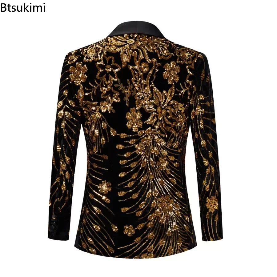 Black Shiny Gold Sequin Glitter Embellished Blazer Jacket Nightclub Prom Suits Wedding Stage Singer Costume for Men Suits Jacket