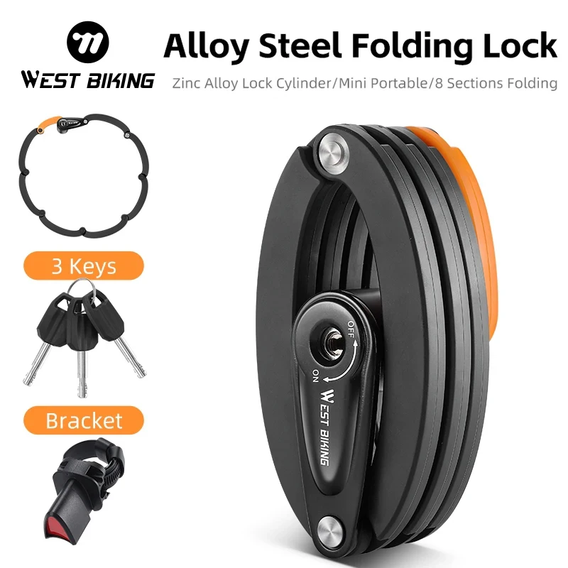 WEST BIKING Bicycle Folding Lock Safety Anti-theft MTB Road Bike Chain Lock With Key Zinc Alloy Bike Scooter E-bike Folding Lock