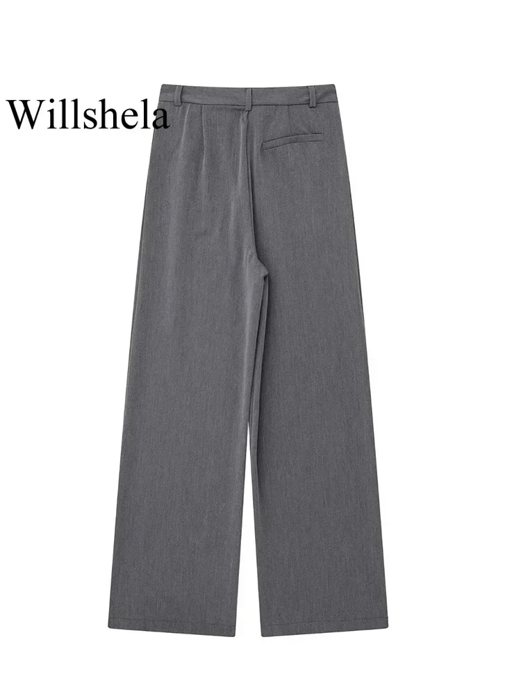 Willshela-Pantalon droit à fermeture éclair sur le devant pour femme, monochromatique, vintage, taille haute, pleine longueur, femme chic, mode