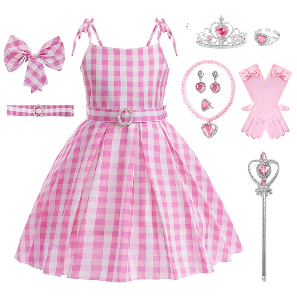 Children Girl Dress Barbie Cosplay Costume Sleeveless Kids Girl Princess Party Dresses Toddler Sweet Plaid Outfit for 3-12 Years