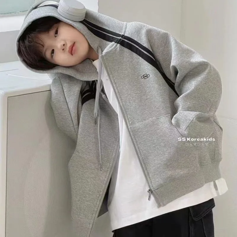 

2025 New Boys' Mid-Large Spring Autumn Sportswear Fleece-Lined Thickened Hooded Hoodie - Stylish Kids' Outerwear Top