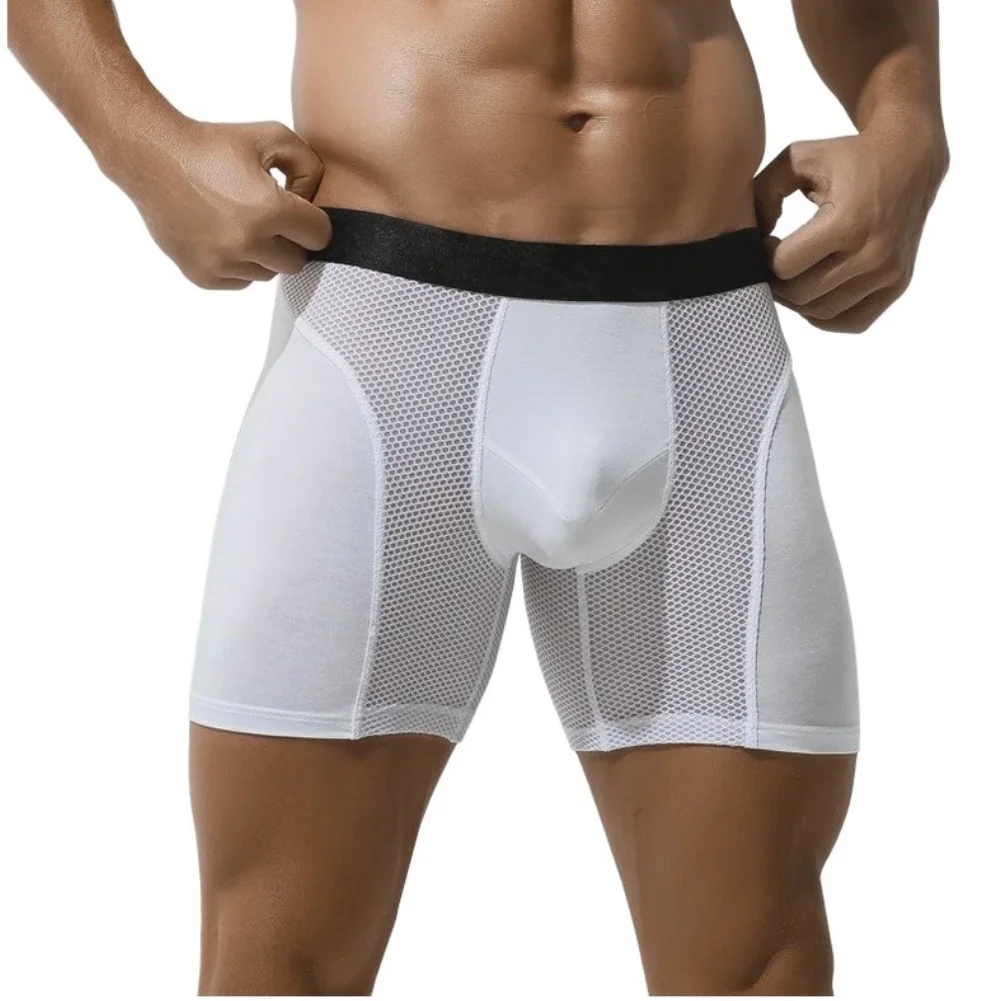 U-Convex Support Men's Long Boxer Trunks Breathable Mesh Underwear Mid Waist Solid Color Sport Style Polyester Blend