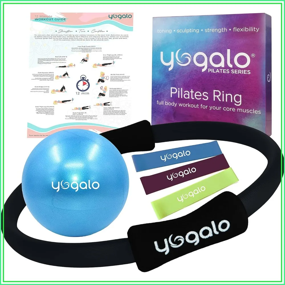 Pilates Ring and Ball Set with 3 Resistance Bands - Home Workout Equipment - 14" Magic Circle for Toning & Strengthening