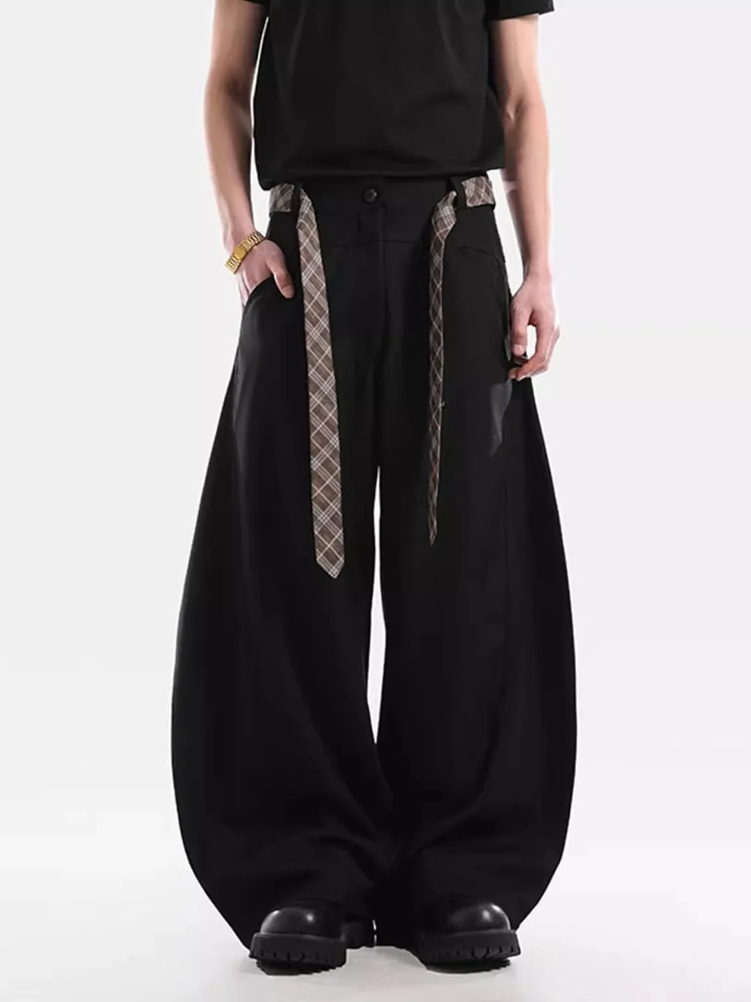 

Ретро-брюки в клетку большого размера с поясом, повседневные, весенне-осенние, с высокой талией, широкими штанинами, удобные, свободного кроя