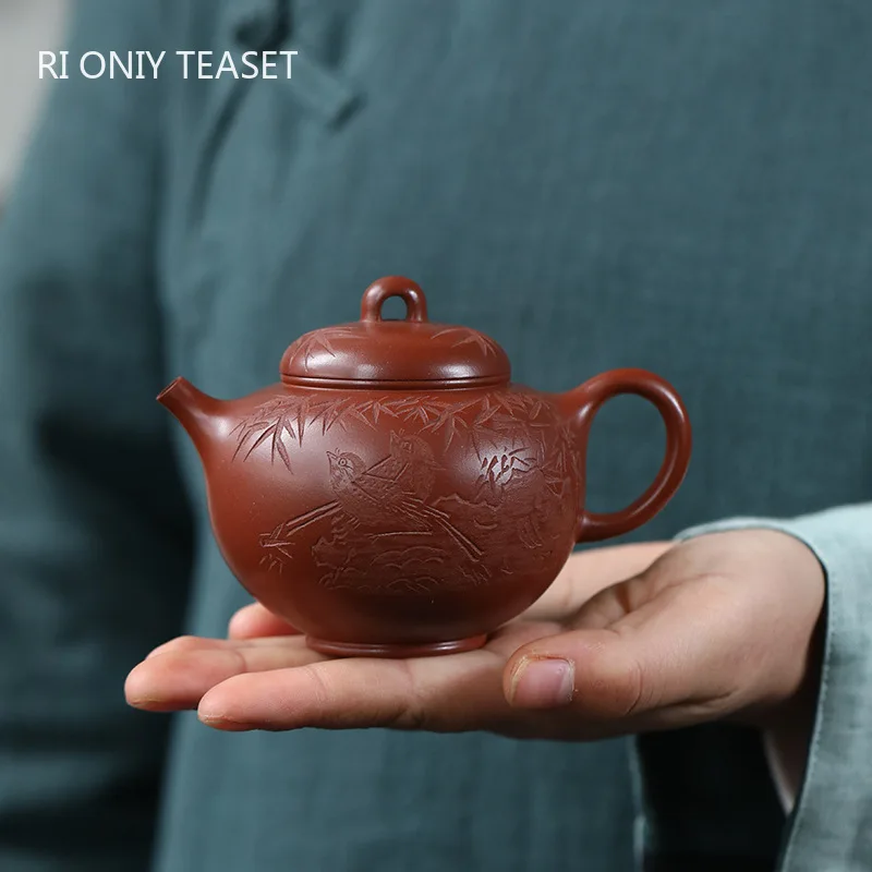 

180ml Yixing Purple Clay Teapot Kettle Master Hand-carved Bird Bamboo Leaf Tea Pot Tea Infuser Chinese Handmade Zisha Tea Set