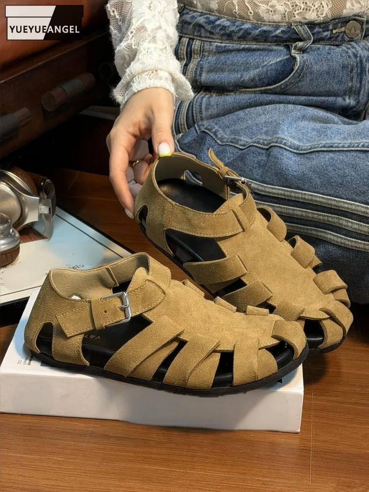 Summer Women Office Roman Style Breathable Split Leather Buckle Hollow Out Footwear Elegant Ladies Comfortable Fashion Sandals