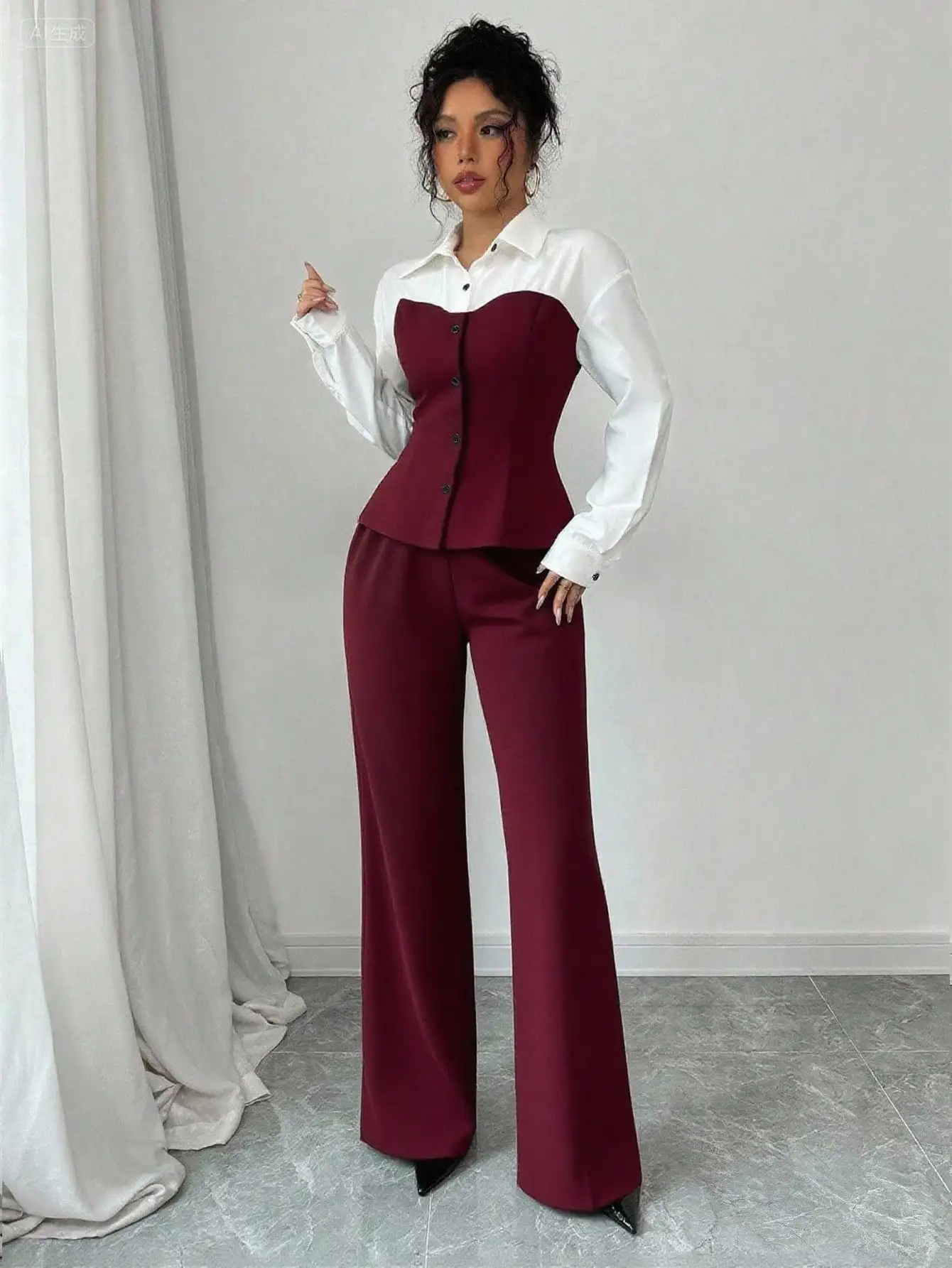 

Комплект из рубашки с контрастными цветовыми блоками и широких брюк