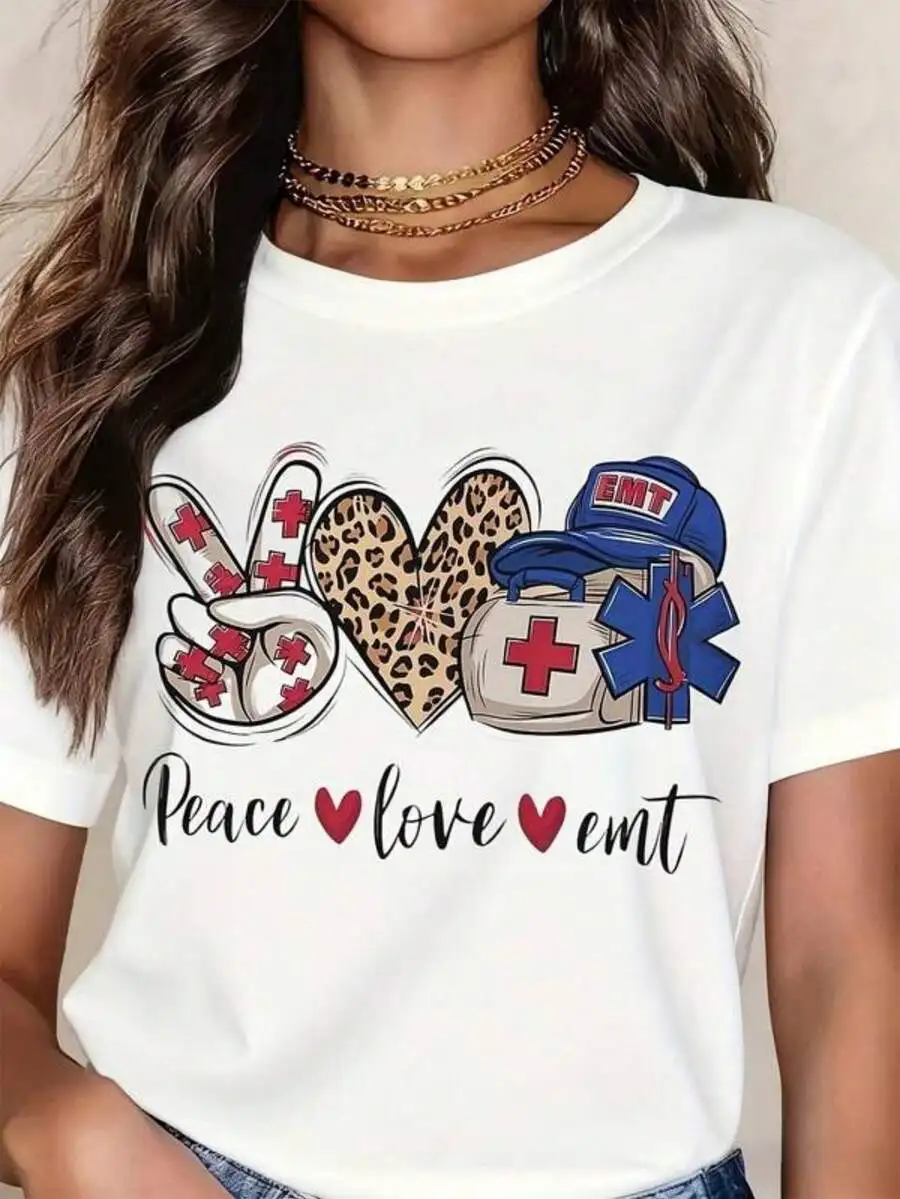 Peace Love EMT Paramedic Cute Graphic Tee For Women, Heart Cross Leopard Print Emergency Hat Medical Worker T-Shirt, Crew Neck Short Sleeve Casual Top