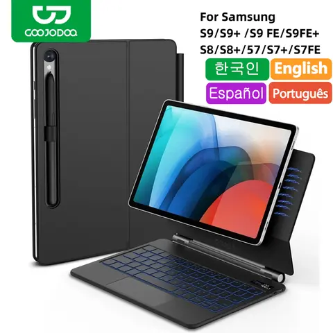 삼성 갤럭시 탭 S7 Plus S8 S9 + FE 11 용 매직 키보드 12.4 인치 트랙 패드 백라이트 플로팅 펜 홀더가있는 조절 가능한 각도