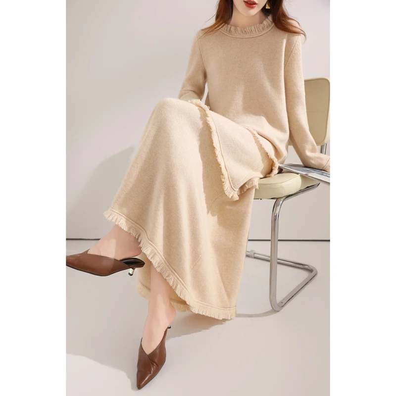 Autumn And Winter 100% Pure Wool Knitted Suit Women's Round Neck Pullover New Skirt Two-Piece Thickened