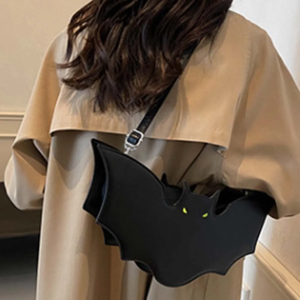 

Funny PU Leather Bat Shoulder Bag 3D Black Halloween Handbag All-Match Large Capacity Creative Animal Purse Party