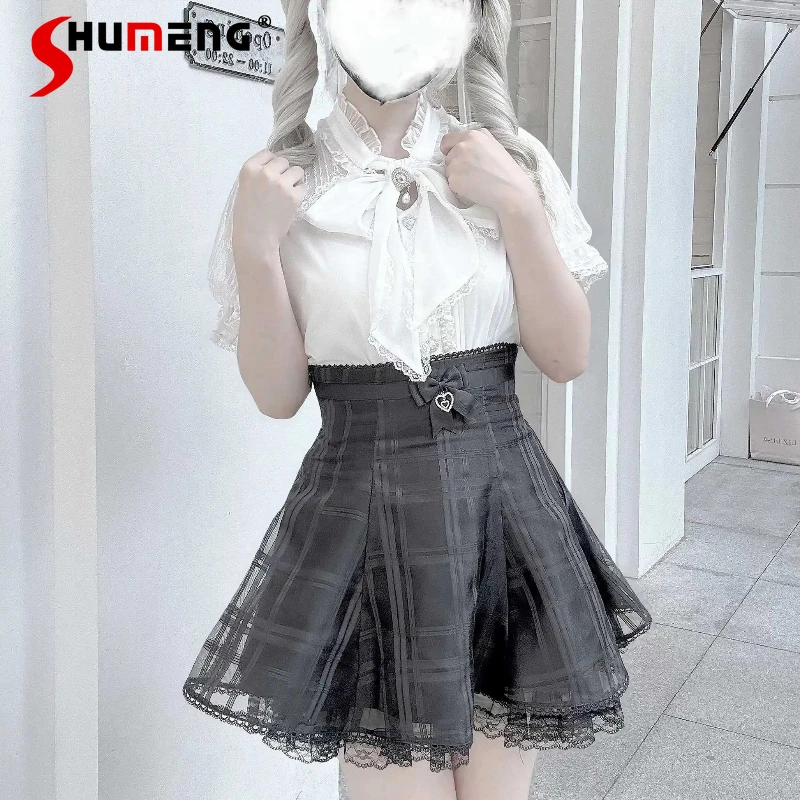 

2025 Japanese Style New Mine Mass-Produced Black High-Waisted Skirt Autumn Girls Sweet Bow Plaid Skirt Women Slim Lolita Shirt