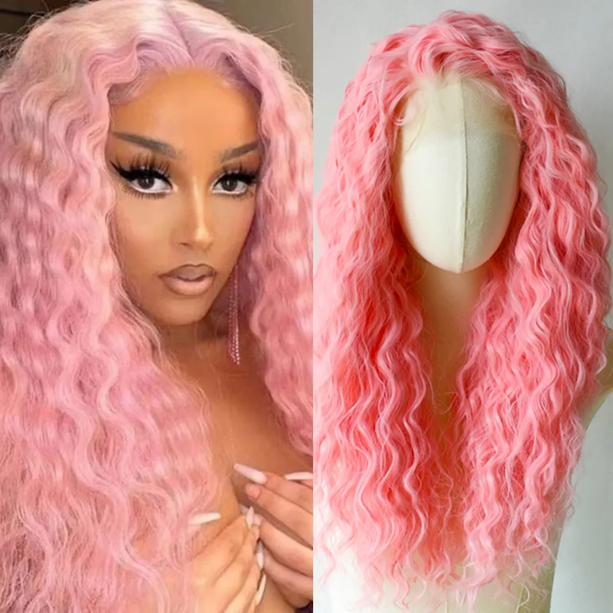 

Розовый парик с глубокими волнистыми локонами, без клея, с кружевной передней частью 13x4 HD, длинные кудрявые парики для женщин, синтетические, предварительно прорезанные, по распродаже.
