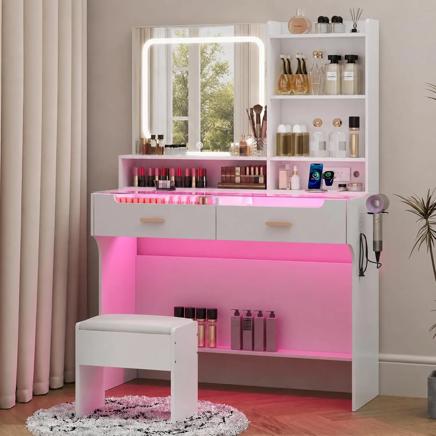 Makeup Vanity Desk with LED Mirror & Charging Station, Vanity Set with Tempered Glass Top, Hair Dryer Holder , Customized