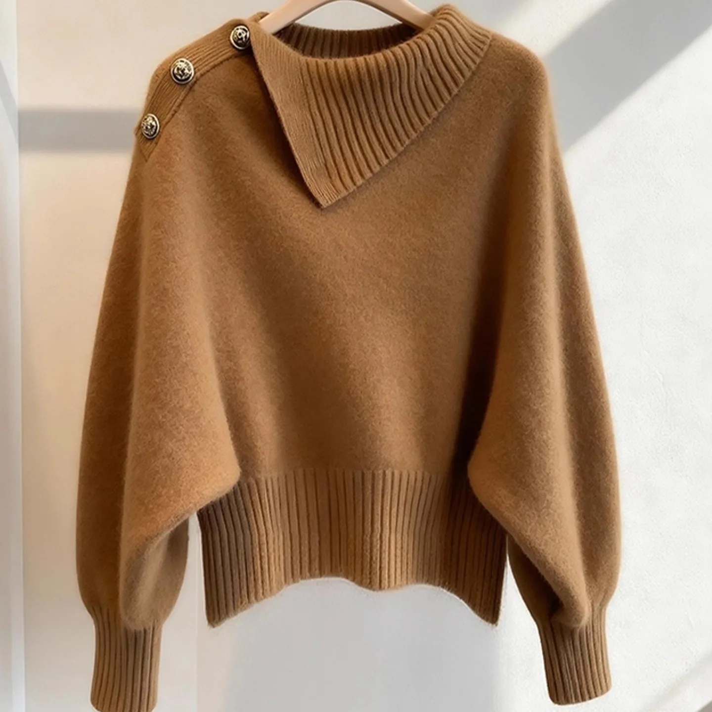 

High Neck Knitted Sweater Women's Faionable Belted Coffee Color Pullover Knit Top Autumn Winter Korean Fit Slim Sweaters