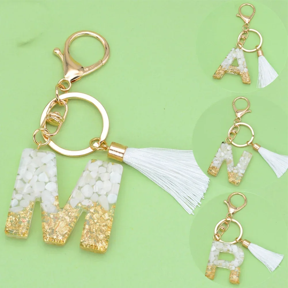 

White Tassel Letter Key Ring Imitation Crystal Drop Glue Pendant Accessories European and American Popular Hanging Ornaments