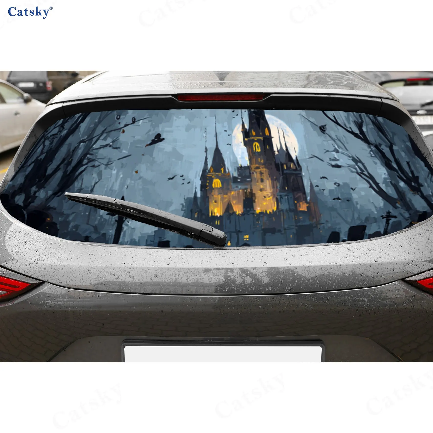 Stunning Halloween Castle with Pumpkin Lights PVC Perforated Car Vinyl Wraps, Durable Car Rear Windshield Sticker, Waterproof Ca