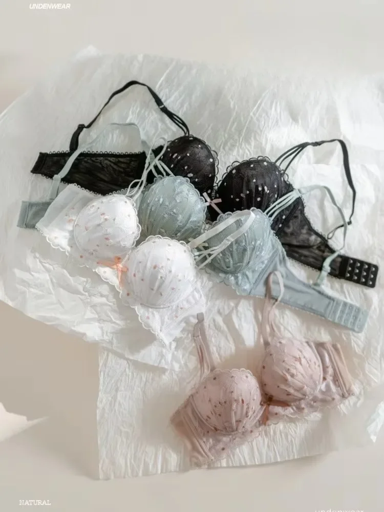 

Комплект бюстгальтера пуш-ап из французского кружева - беспроводной бюстгальтер без провисания с небольшой грудью, элегантное нижнее белье с вышивкой, комфорт, осень-зима, роскошь