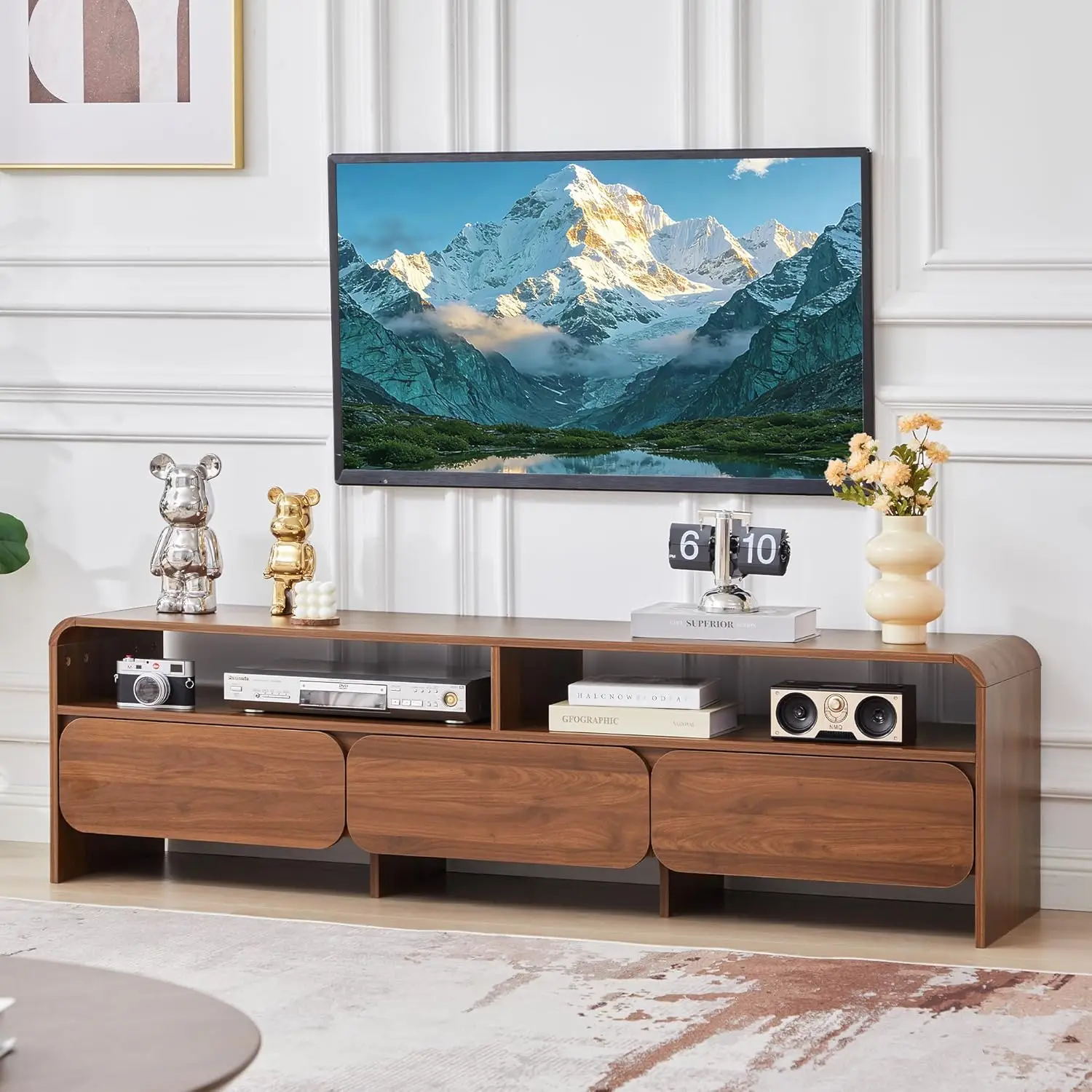 #Wood TV Stand Entertainment Center with Drawers & Open Shelf Curved Profile Media Console for Living Room Walnut