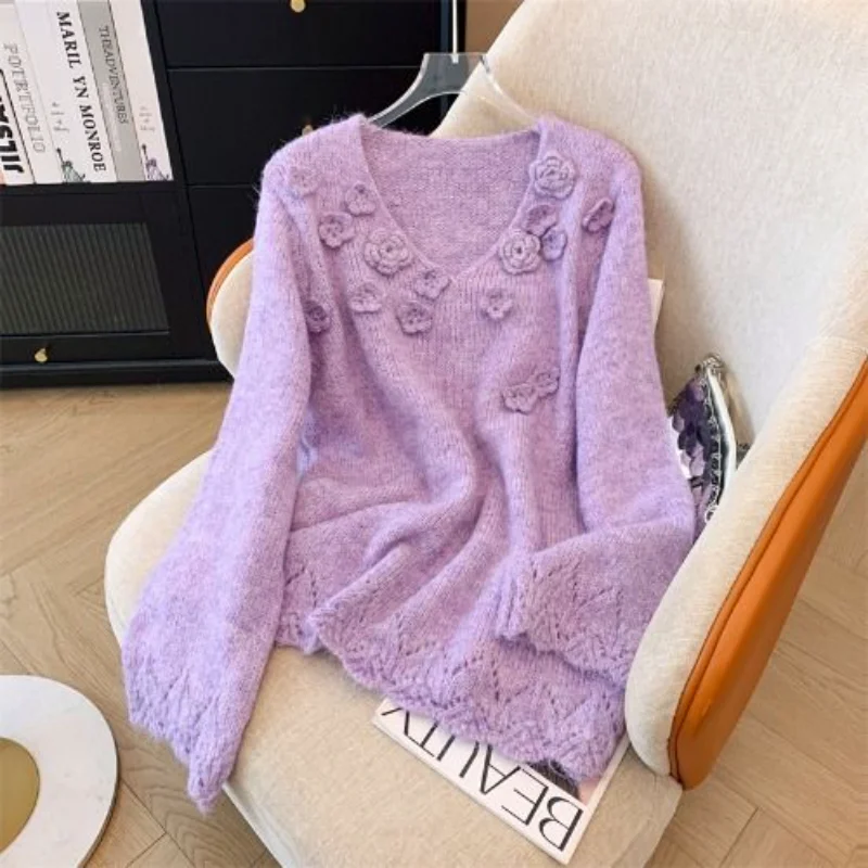 

Light Blue Three-dimensional Flower V-neck Sweater for Women in Spring and Autumn Unique and Beautiful Knitted Sweater Top
