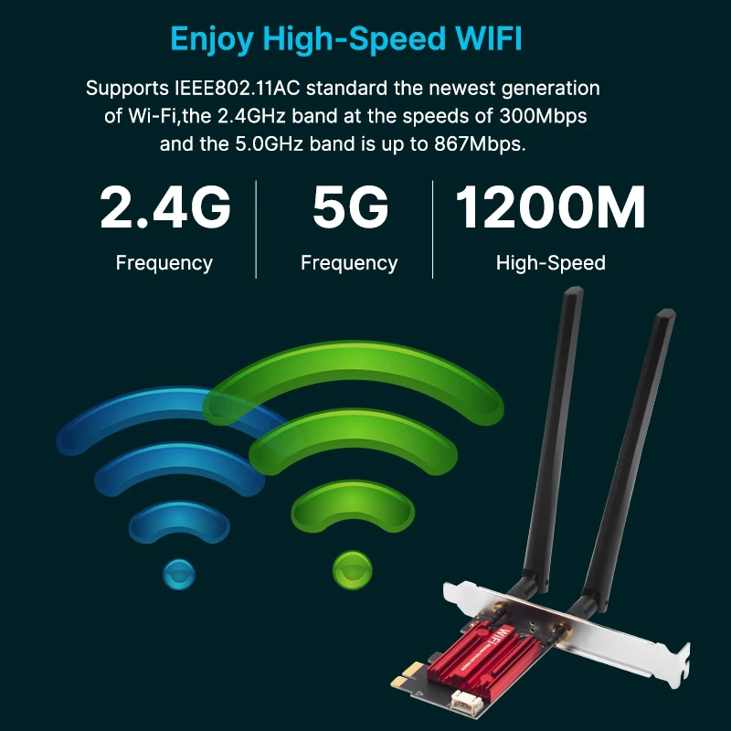 Fenvi wifi 5 pci-eワイヤレスアダプターac1200ネットワークカードデュアルバンド2.4g/5ghz 802.11ac Bluetooth 4.0デスクトップウィンドウ7/8/10/11用