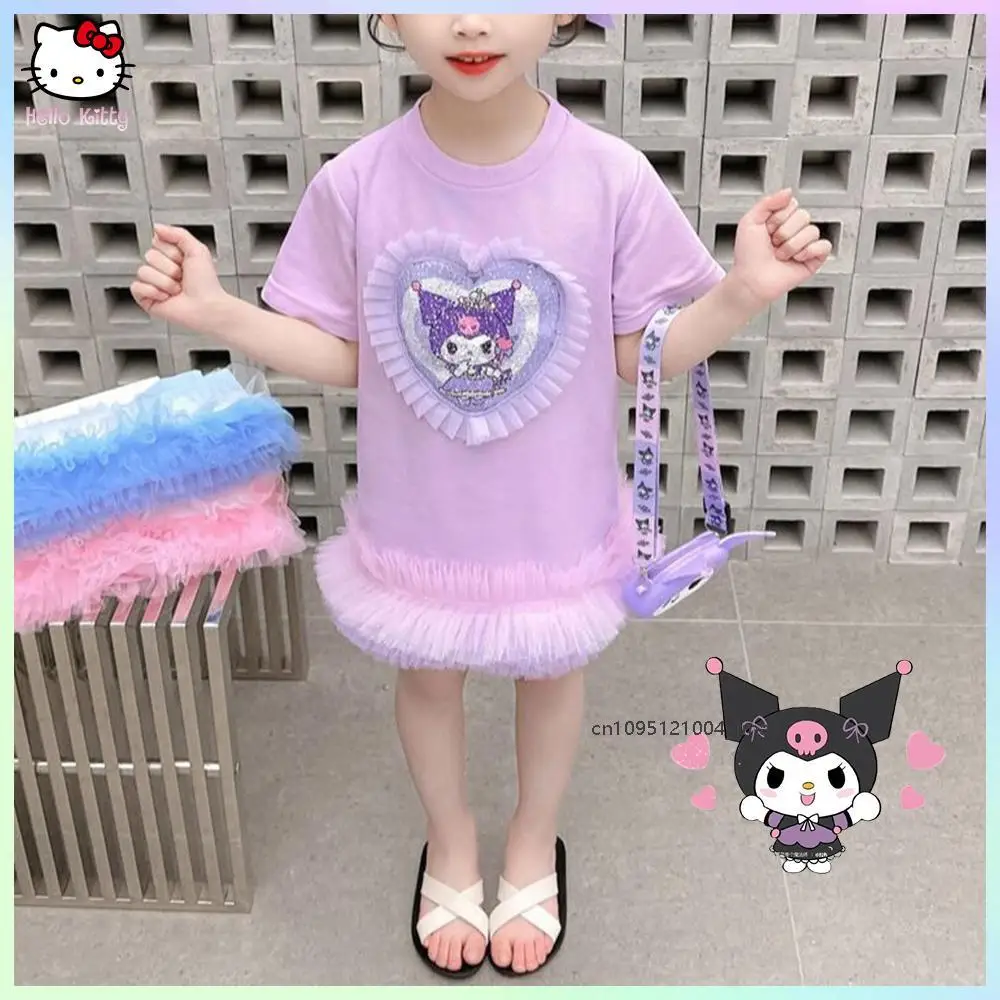 

Kuromi Children's Short-Sleeved Princess Dress Kawaii Sanrio Anime Melody Cinnamoroll Girl New Summer Purple Cotton Casual Dress