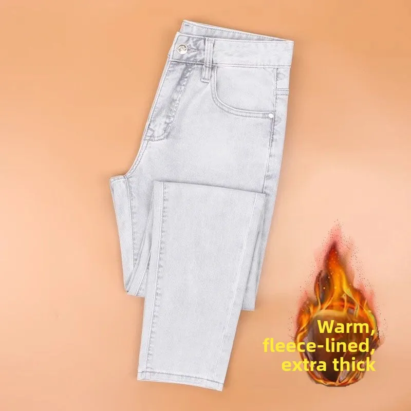 

Мужские джинсы класса люкс с вышивкой, повседневные, эластичные, утепленные, прямого кроя, свободные, зимние, модные