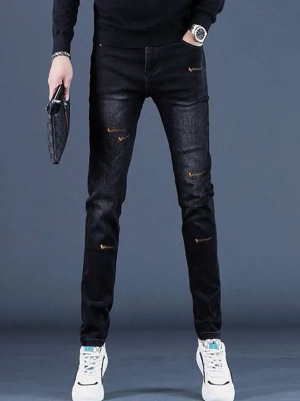 

Мужские джинсы Bla с принтом, зауженные, эластичные, повседневные, длинные брюки, весна-осень, модные, износостойкие, со средней посадкой, на молнии