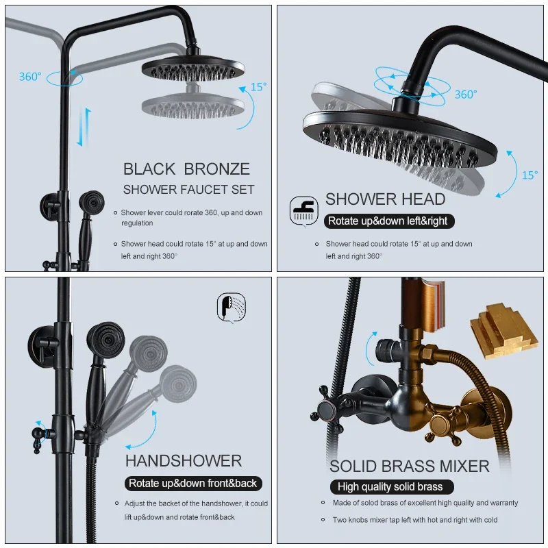 

Vidric Vidric Wall Mount Bronze Black Shower Faucet Set Brass 8" Shower Head Spray Dual Knobs Mixer Tap Black Bathtub Shower Kit