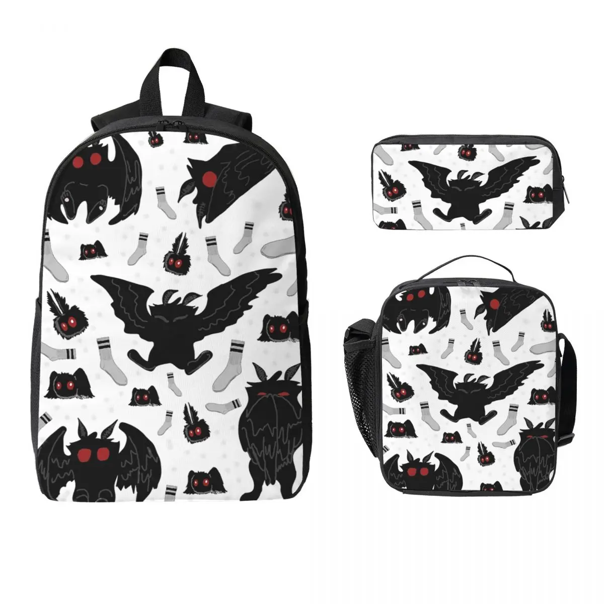 

Cute Cryptids Mothman Pattern Backpack Boys Girls BookBag School Bag Laptop Shoulder Bags 3ps Insulated Lunch Bag Pencil Case