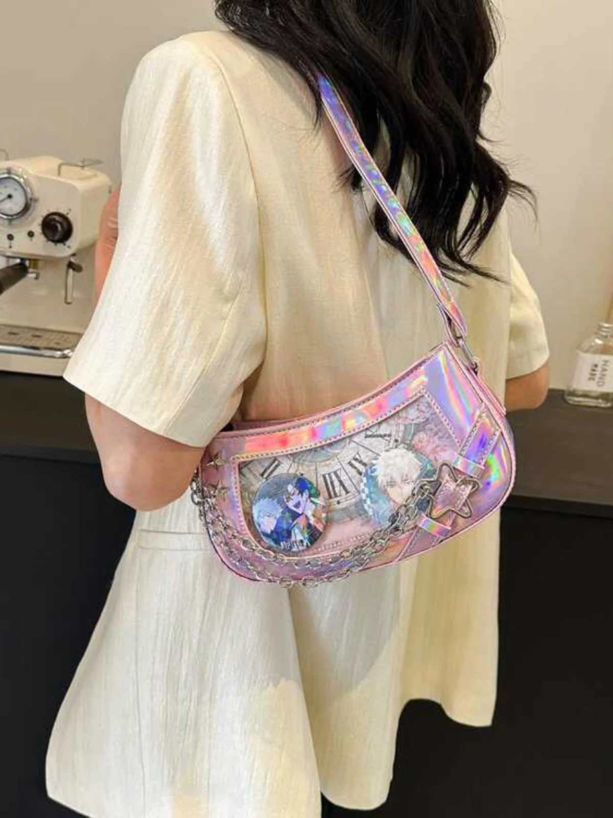 JIAERDI Laser Pink Shoulder Bag For Women Designer Casual Harajuku Transparent Lolita Ita Bag Jk All Match Chain Y2k Handbag