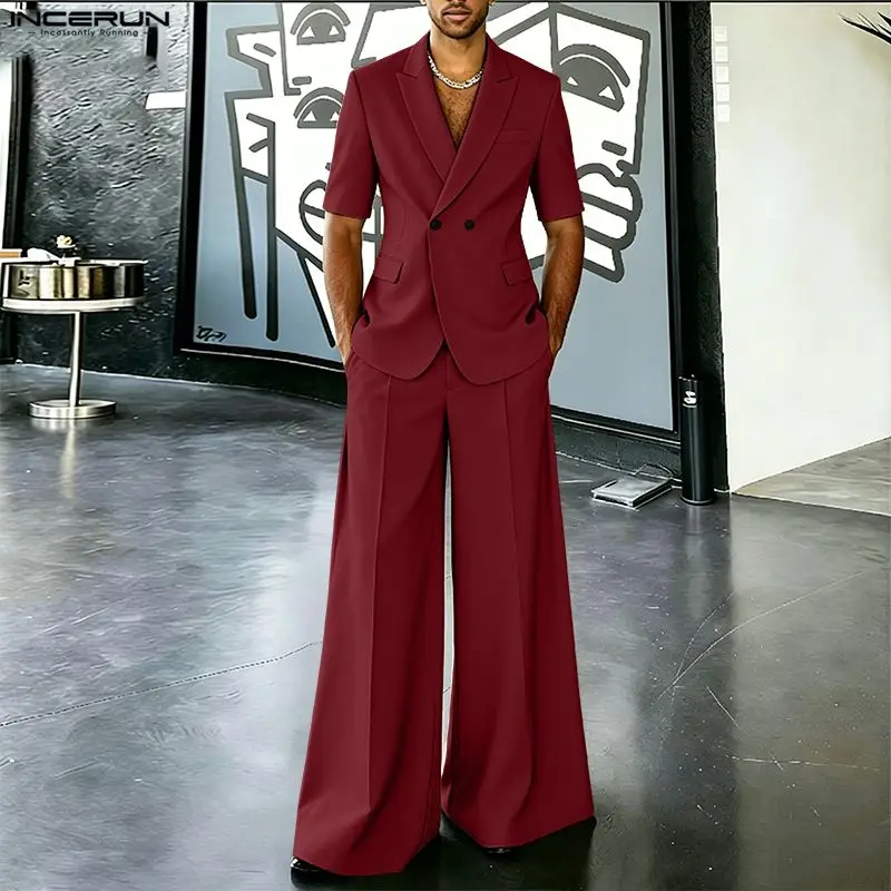 INCERUN Men Sets Solid Color Elegant Lapel Short Sleeve Blazer Wide Leg Pants Two Pieces Sets Streetwear 2026 Men Matching Sets