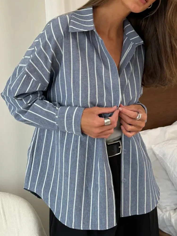 2025 summer striped shirt for women's clothing with a lazy and long sleeved design, hot selling breathable cardigan - Image 2