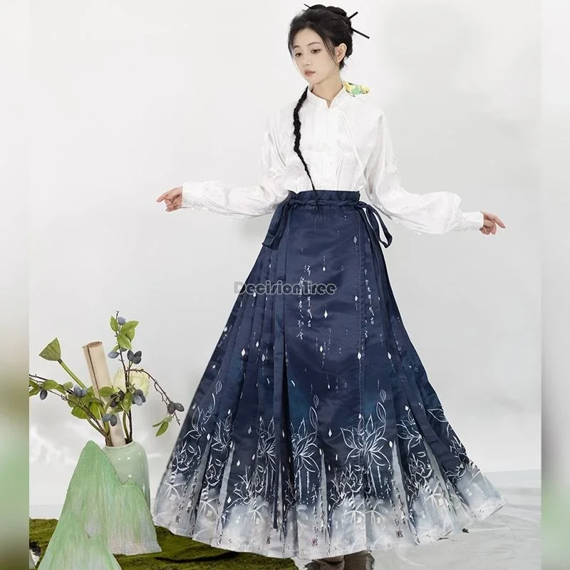 Hanfu-Conjunto de temperamento de danza folclórica antigua China, estampado de loto de hadas, falda de cara de caballo mejorada, hanfu de la dinastía ming diaria, 2024