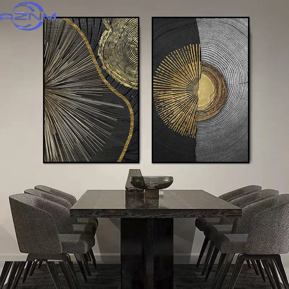 AZNM Black Gold Rough Organic Texture of Tree Rings Canvas Abstract Poster Wall Art Pictures Circle Line Paintings For Living Ro