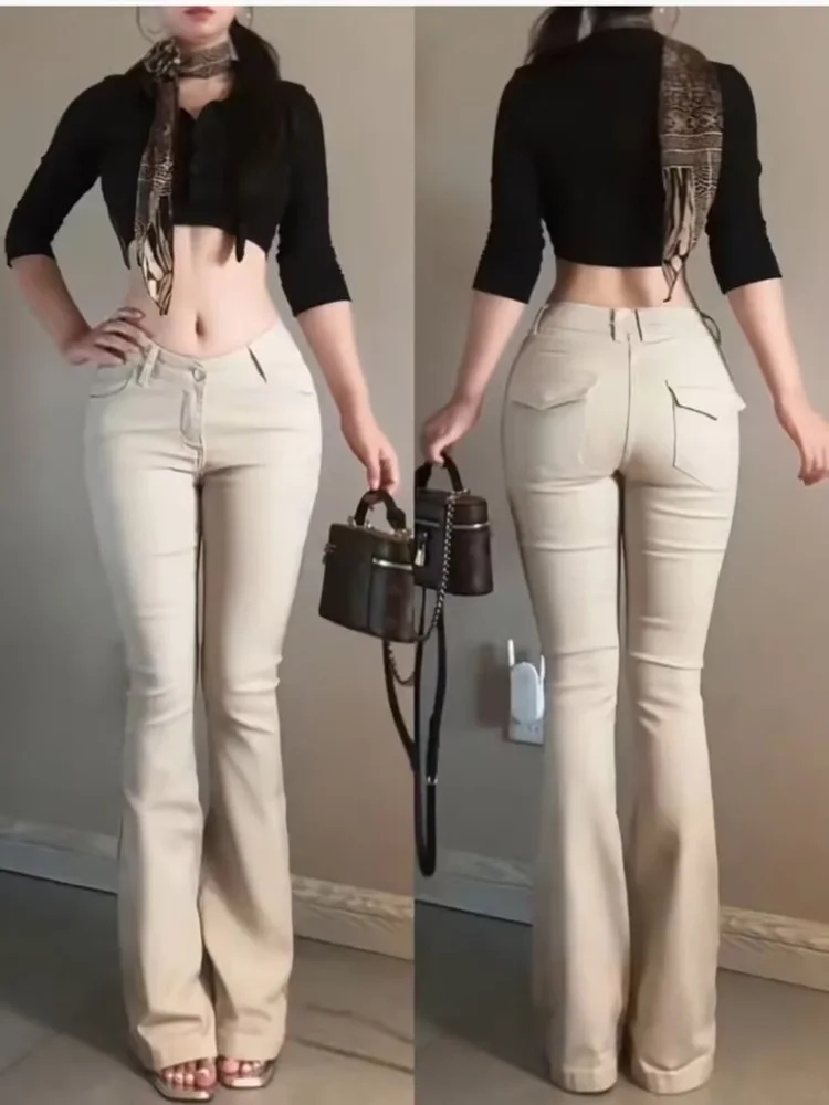 

Джинсы-клеш Slim Fit с V-образным поясом, эластичные, с эффектом утяжки живота, модные, синие, из хлопкового стрейч-денима, для женщин