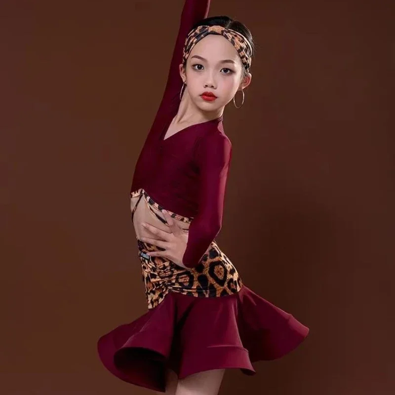 جديد اللاتينية ملابس رقص للفتيات الأطفال ليوبارد طباعة طويلة الأكمام تنورة قصيرة تشا تشا سوينغ أداء الرقص مجموعة زي #6