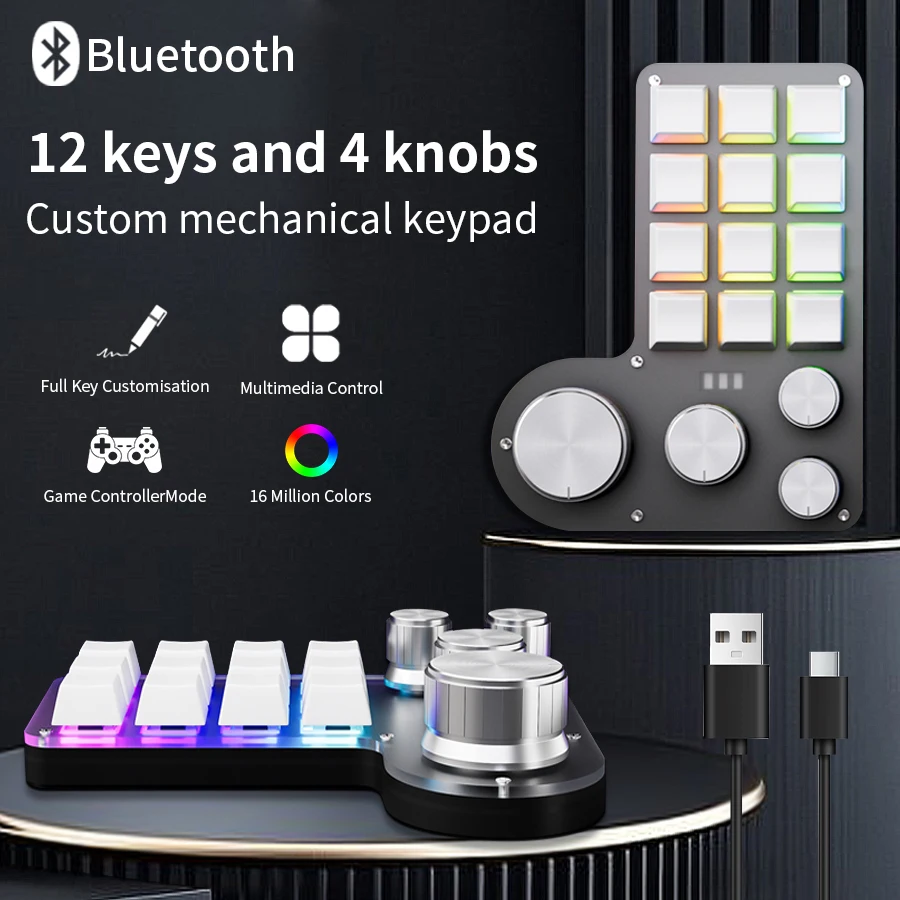 

Mini 12 Keys Gaming Keyboard 4 Knobs Custom Programming Macro Mechanical Keyboard RGB Bluetooth 2.4G USB Wired 3 Modes for PS